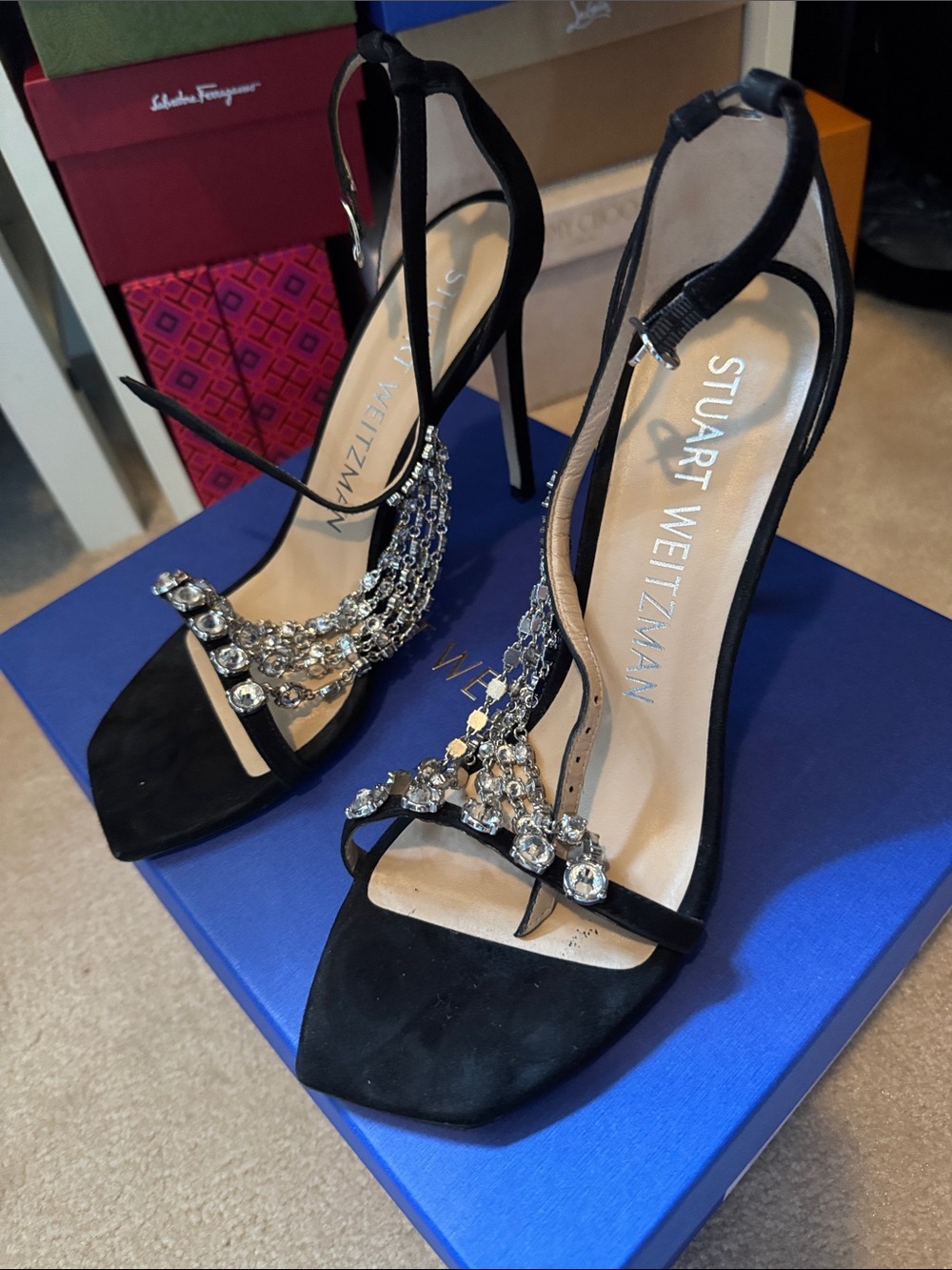 Stuart Weitzman Black Crystal T-Strap Stiletto Sandals